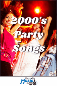 Three people dance under red and orange lights with "2000's Party Songs" boldly displayed above. The "Your Music Depot" logo sits below, capturing the ultimate Party Songs vibe.