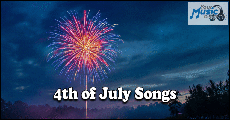 A colorful firework explodes in the evening sky over a forest, celebrating Independence Day Celebrations, with the text "4th of July Songs" and a "Your Music Depot" logo in the upper right corner.