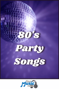 A disco ball on a purple background with the text "80's Party Songs" in bold white letters, highlighting classic party songs, and a "Your Music Depot" logo at the bottom.