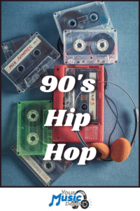 A collection of vintage cassette tapes and orange headphones displayed on a blue surface with the text "90's Hip Hop Party Songs" overlaid.