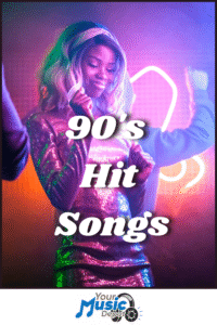 A woman in a sparkly dress dances under colorful lights with text overlay reading "90's Party Songs." Your Music Depot logo is at the bottom.