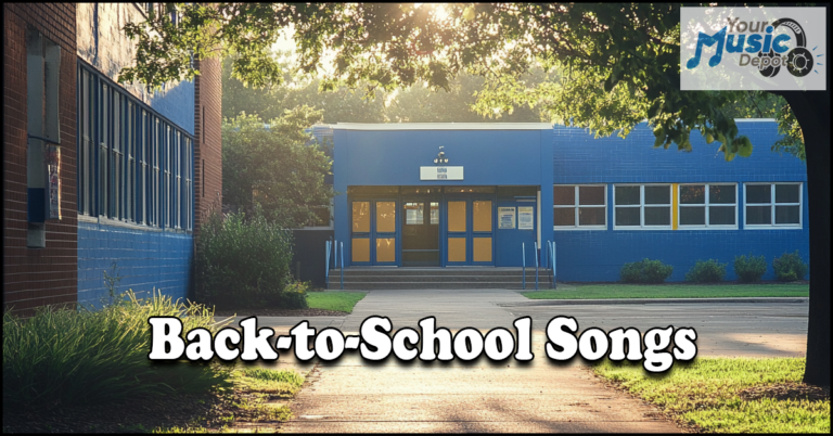 A school building with a blue entrance and trees nearby sets the scene. Text reads "Back-to-School Songs" alongside the music store logo in the corner, featuring Motivational School Tracks to kickstart your year.