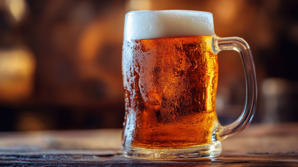 A frosty glass mug filled with amber beer and topped with a foamy head sits on a wooden table, evoking memories of lively drinking songs in the blurred, warm-toned background.