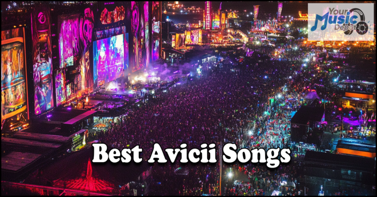 Aerial view of a large, colorful music festival at night, with vibrant lights, a packed crowd, and a prominent stage. Text overlay reads "Best Avicii Hits.