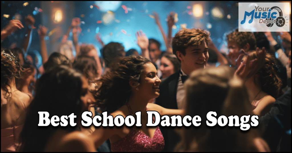 A group of teenagers dance in a decorated hall under colorful lights. Text reads, "Best School Dance Songs-hit tracks for every playlist." The "Your Music Depot" logo appears in the top right corner.