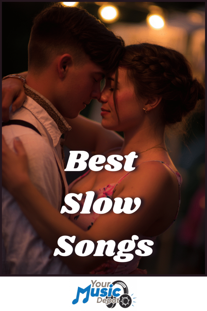 A couple dances closely at night under warm lights, lost in the magic of Slow Songs. Text reads “Best Slow Songs.” "Your Music Depot" logo is at the bottom.