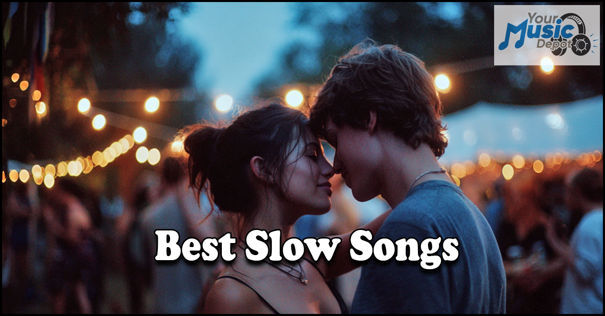 A young couple dances closely at an outdoor event under string lights, while “Slow Songs” and a “Your Music Depot” logo are overlaid on the image.