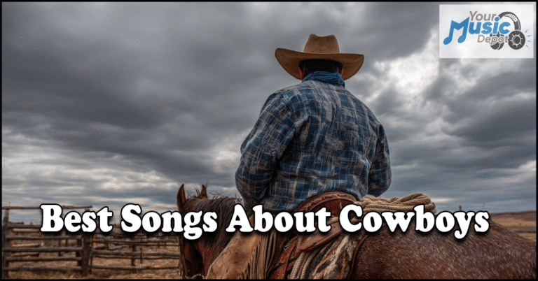 A cowboy in a hat and plaid shirt sits on a horse beneath a cloudy sky, with "Best Songs About Cowboys" text and the "Your Music Depot" logo in the corner.