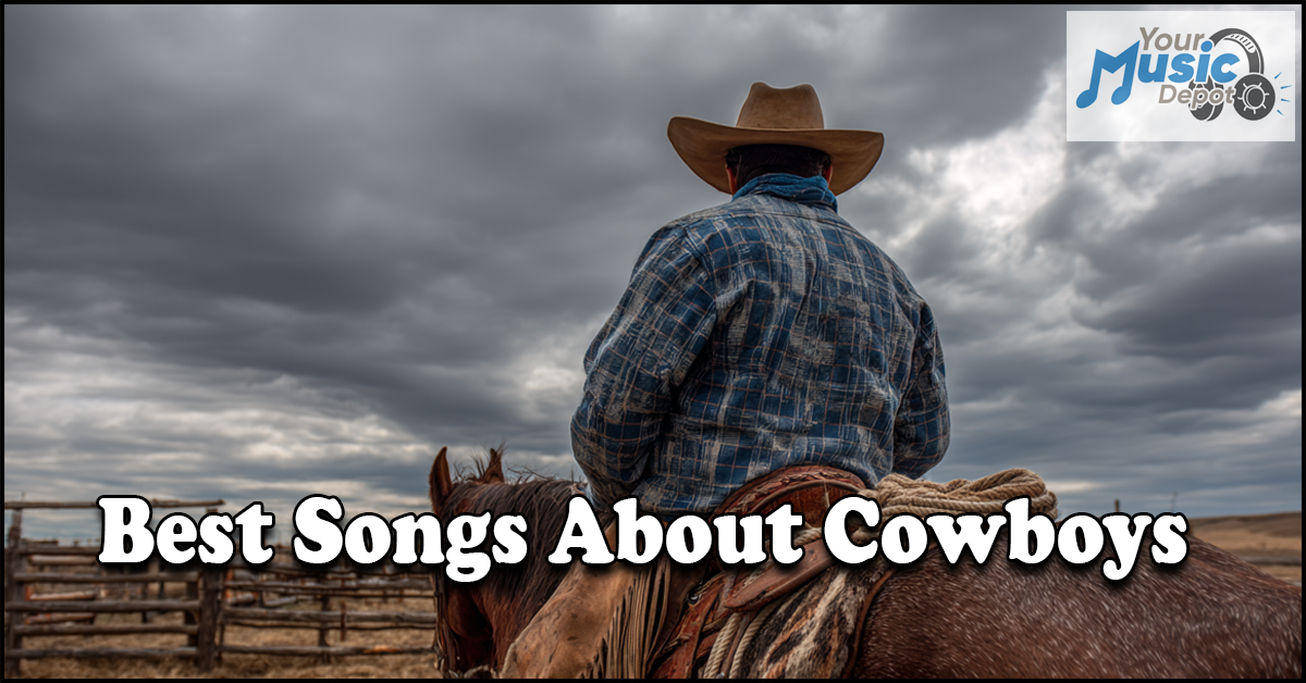 A cowboy in a hat and plaid shirt sits on a horse beneath a cloudy sky, with "Best Songs About Cowboys" text and the "Your Music Depot" logo in the corner.