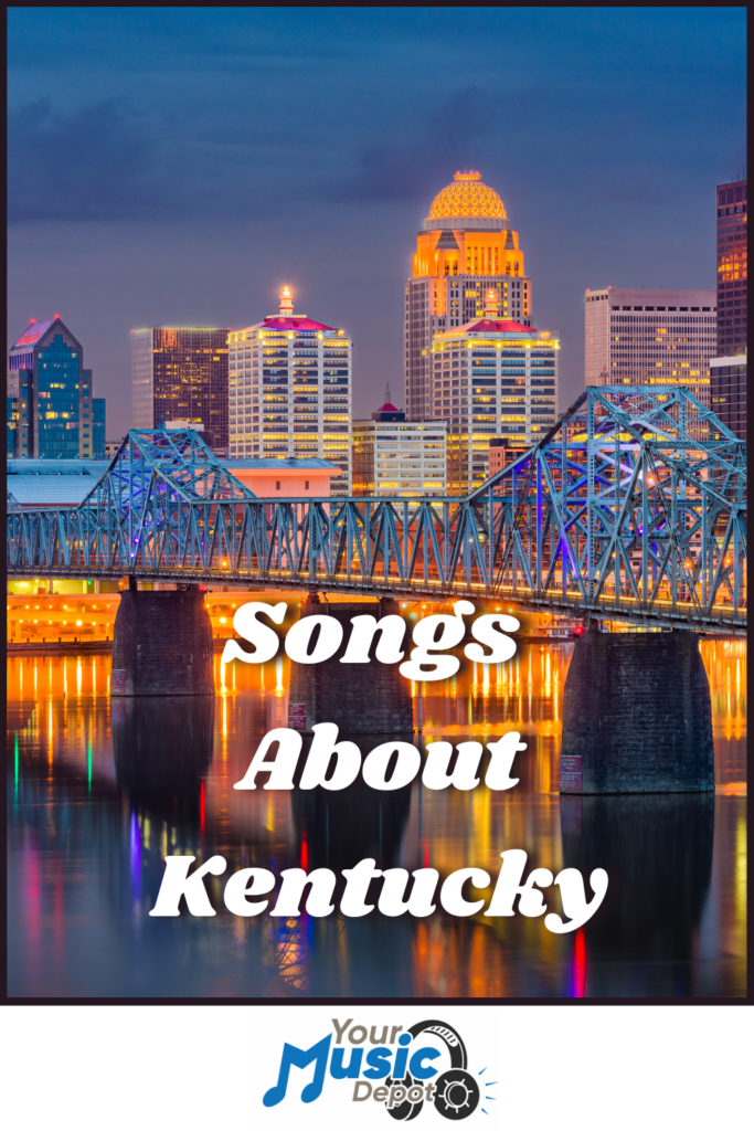 A cityscape of Louisville, Kentucky, with an illuminated bridge and skyline at dusk beautifully captures the charm of "Songs About Kentucky.