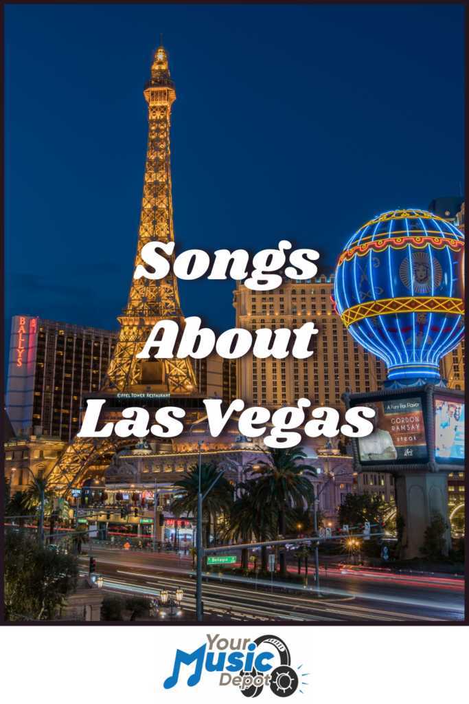 A dazzling night view of Las Vegas with an Eiffel Tower replica shimmering among vibrant neon lights, showcasing the allure and excitement captured in "Songs About Las Vegas.