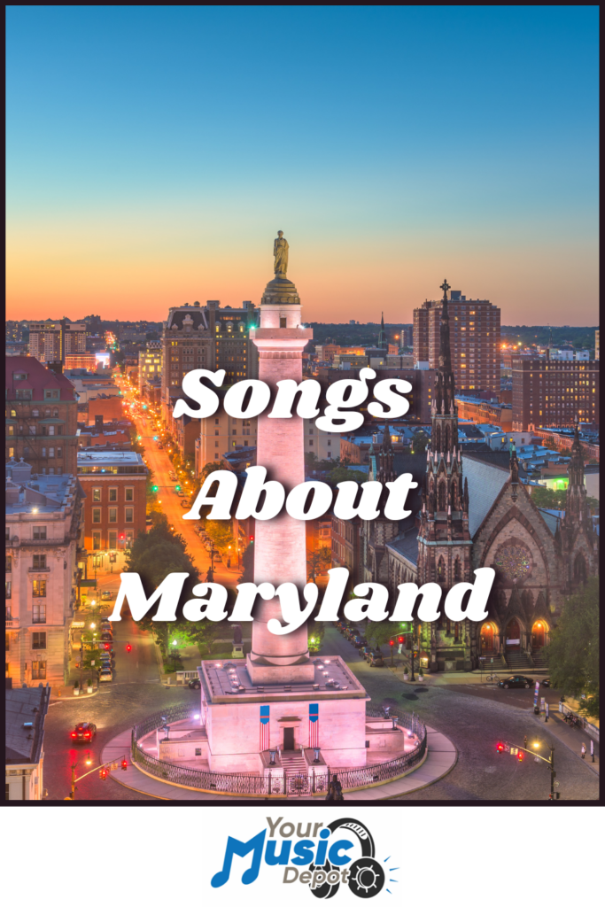 Image of a cityscape at sunset with a monument in the foreground. Text reads "Songs About Maryland" above and "Your Music Depot" below, celebrating Maryland artists and Chesapeake Bay songs.