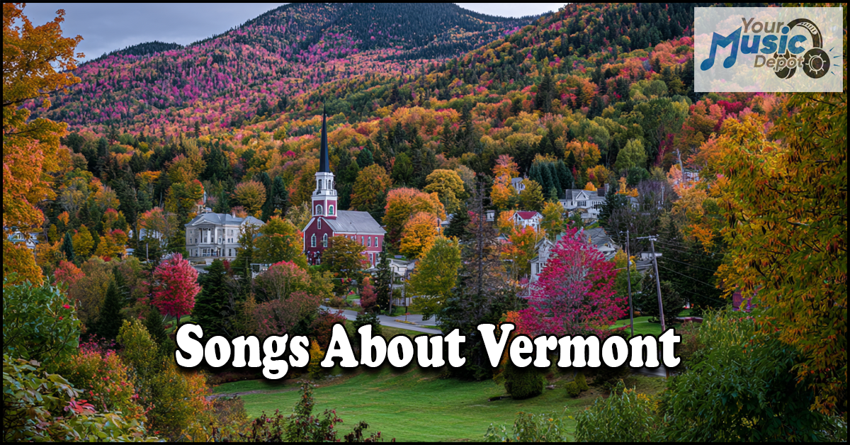 A small town church and houses surrounded by colorful autumn trees, with text overlay reading Songs About Vermont and a Your Music Depot logo in the corner - celebrating classic Vermont state songs and timeless Vermont music.