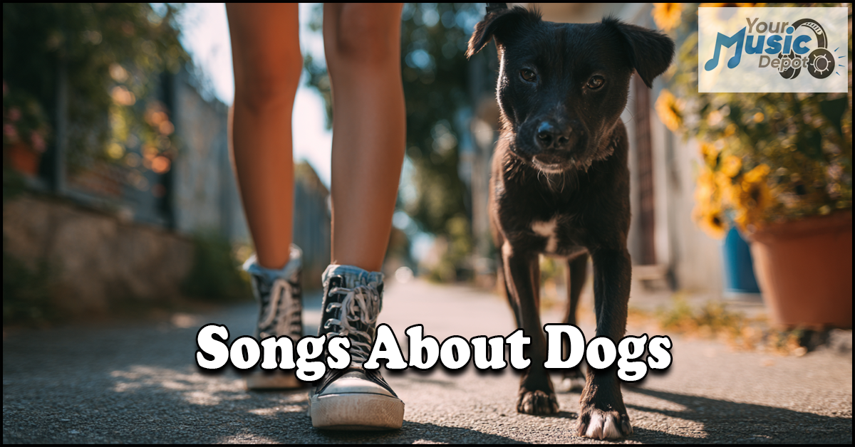 A black dog walks alongside a person in sneakers on a sunlit path, with "Songs About Dogs" text highlighting this musical journey and the "Your Music Depot" logo in the top right corner.