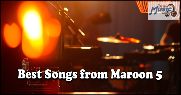 Stage setup with blurred lights and instruments; text reads "Popular Maroon 5 Tracks: Best Songs from Maroon 5.