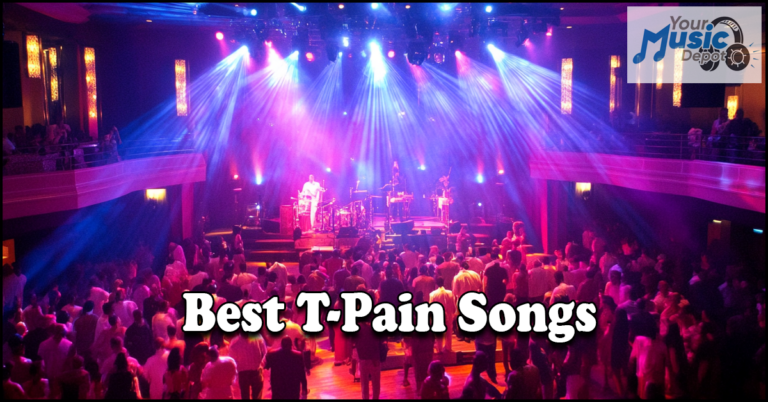 A live concert with vibrant stage lights and a massive audience celebrates the best T-Pain songs. Text overlay reads: "Auto-Tune Mastery.