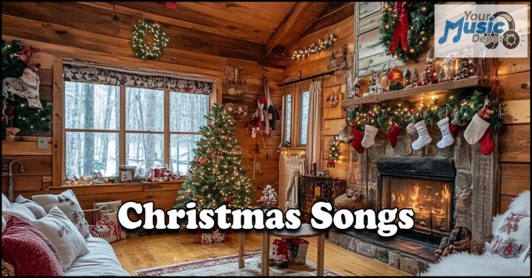 Cozy log cabin living room adorned with Christmas decorations; a tree and stockings hang by the fireplace. At the bottom, "Festive Tunes" invites you to bask in the warmth of holiday music.