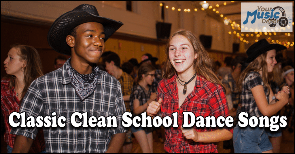 Teens in plaid shirts and cowboy hats dance at a school event under string lights. Text reads: "Classic Clean School Appropriate Songs.