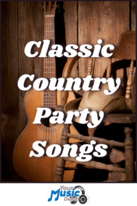 An acoustic guitar, cowboy hat, and wooden chair are set against a rustic wooden wall with the words "Classic Party Songs for Country Fans.