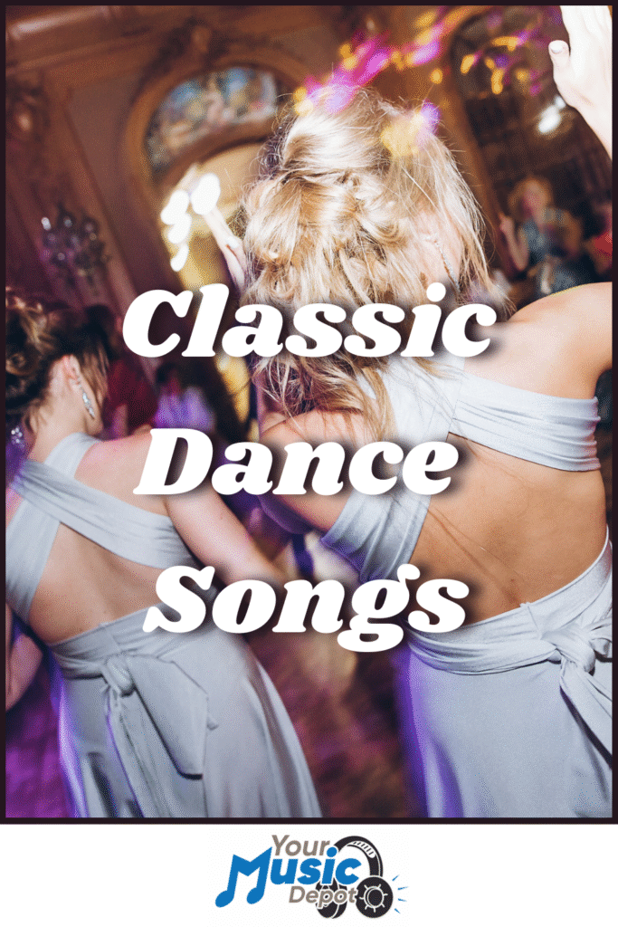 Two people in light gray dresses dance at a formal event, with the text "Songs About Dancing" overlaid and a "Your Music Depot" logo at the bottom.