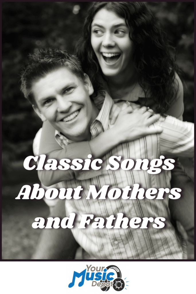 A smiling woman gives a man a piggyback ride; text reads "Classic Songs About Parents." The Your Music Depot logo is at the bottom.