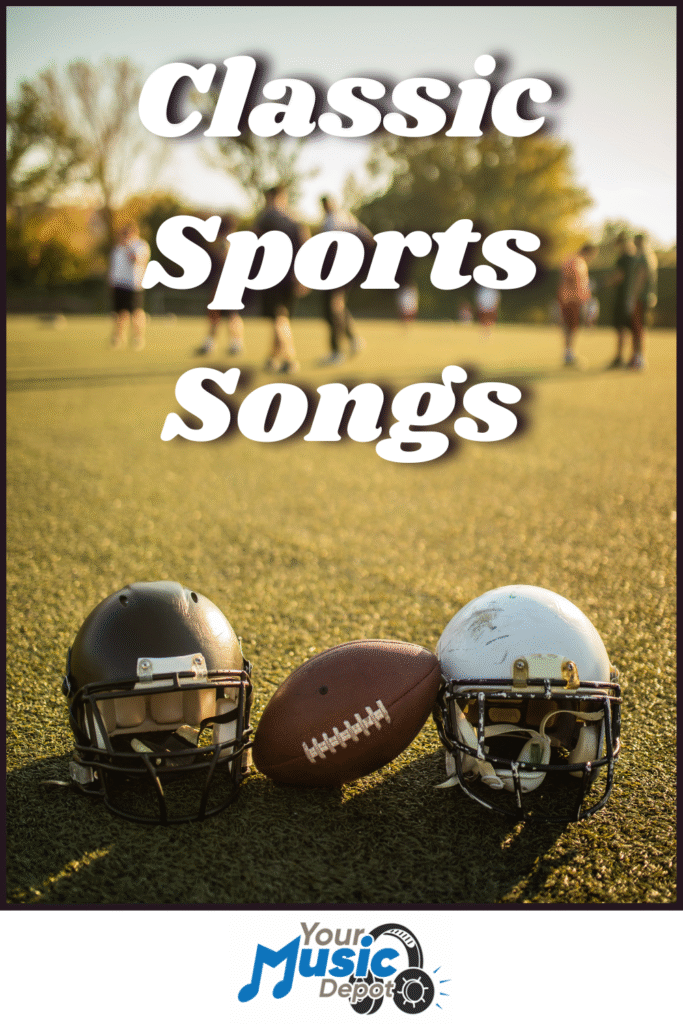 Two football helmets and a football rest on the field, with blurred people in the background. Text reads "Classic Football Songs." Logo at bottom says "Your Music Depot.