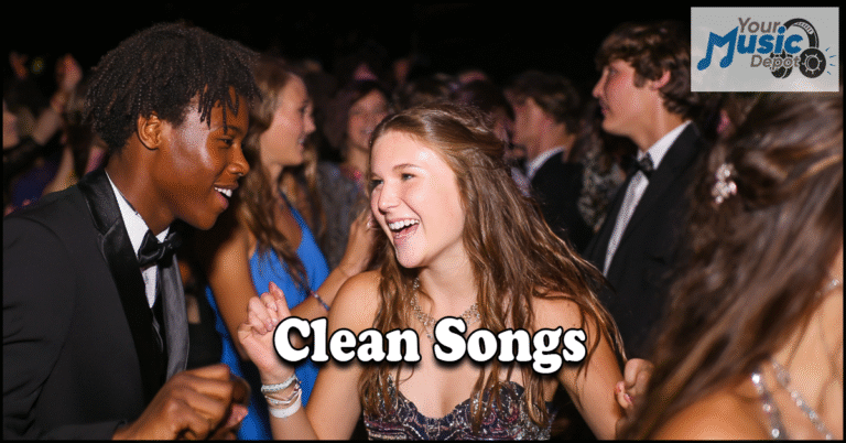 A group of teenagers dressed formally dance and smile at a party, enjoying the latest Clean Songs. The words “Clean Songs” are overlaid on the image, with a music logo in the corner.