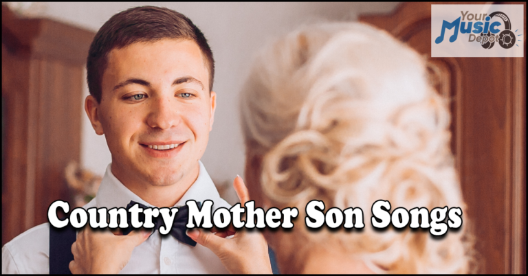 A young man is smiling while a woman adjusts his tie. The text reads "Country Mother Son Wedding Dance Songs"