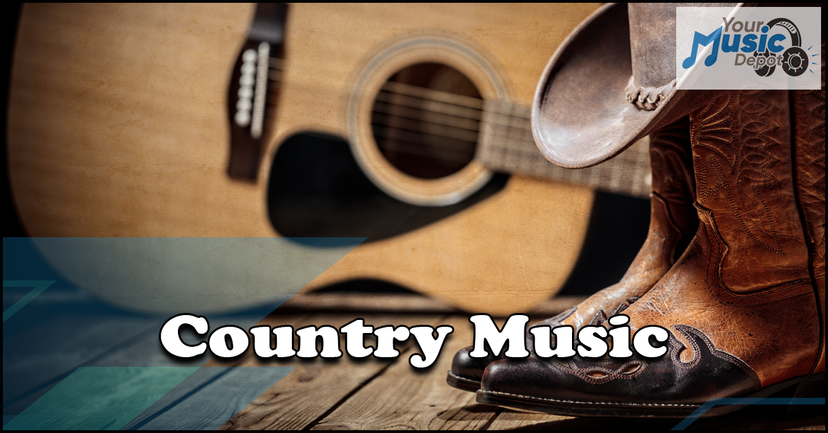 Close-up of cowboy boots and a hat in front of an acoustic guitar with the words "Country Music" in bold. The corner displays a "Your Music Depot" logo.