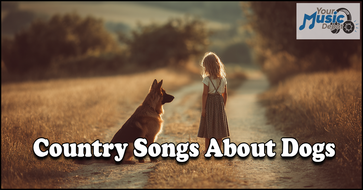 A young girl stands on a dirt path facing a German Shepherd; large text reads "Songs About Dogs" with a "Your Music Depot" logo in the corner.