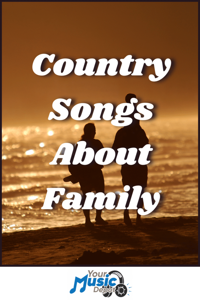 Silhouettes of two people with a child on a beach at sunset, featuring the text "Country Songs About Family" and the Your Music Depot logo-perfect for those who love heartfelt songs about family.