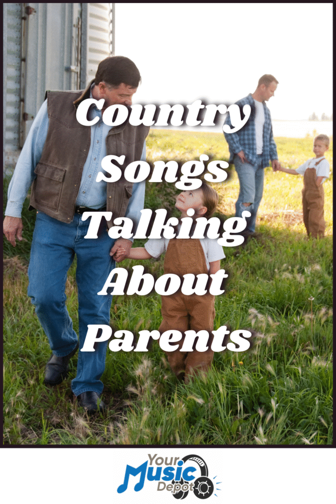 A man and a child walk in a grassy field near a barn, with another adult and child in the background. Text reads: "Songs About Parents." Logo at bottom says "Your Music Depot.
