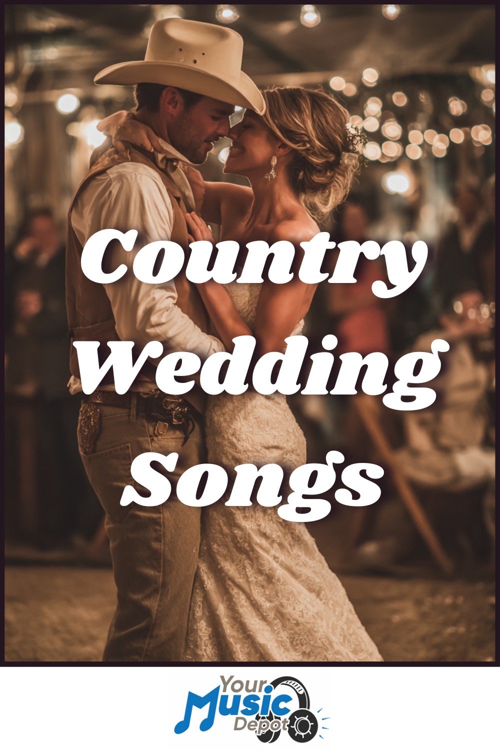 A bride and groom in wedding attire dance closely at a rustic, country-themed wedding reception, perfectly capturing the romance of Country Wedding Songs.