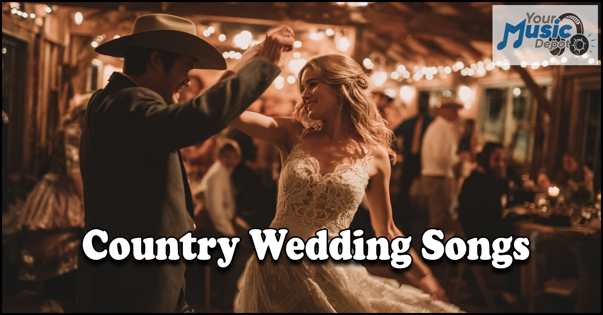 A bride and groom in country attire dance at a rustic wedding reception, celebrating their love with the best country wedding songs, as "Country Wedding Songs" and a "Your Music Depot" logo appear in the corner.
