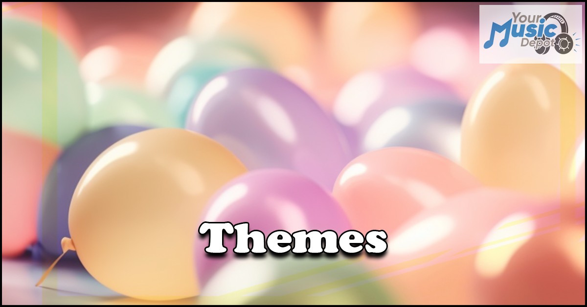 Pastel balloons with "Themes" text overlay and a logo in the corner.