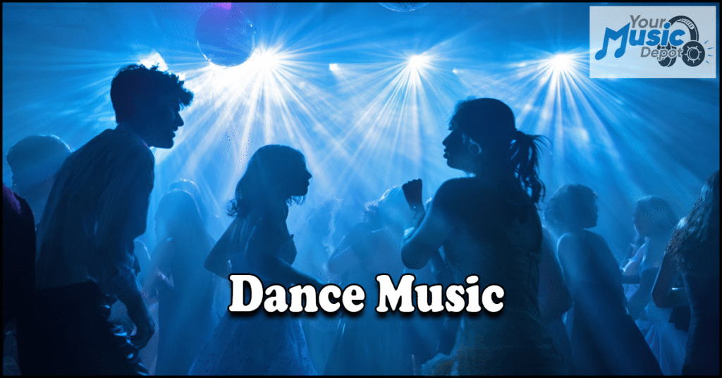 People dancing in a club with blue lighting and disco balls; text reads "Dance Music" and "School Dance Songs," with a "Your Music Depot" logo in the top right corner.