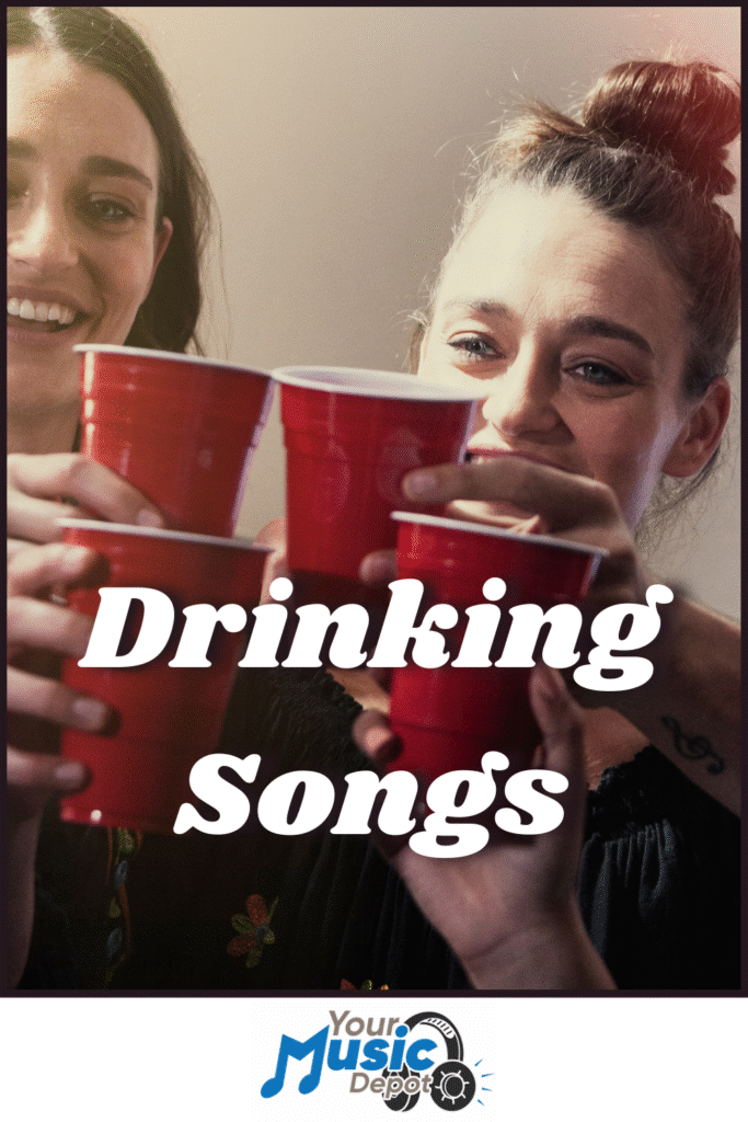Two people smiling and holding red plastic cups in a toast, with the text "Songs about Drinking" overlayed on the image.