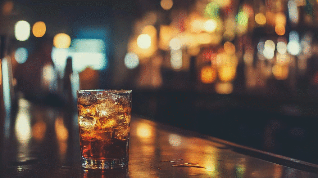 A glass of dark liquor with ice sits on a reflective bar counter, while blurred colorful lights in the background set the mood for classic drinking songs.