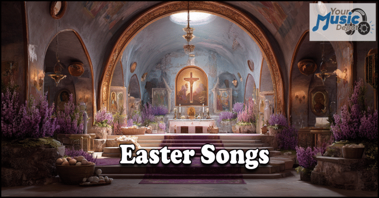 A decorated church interior with purple flowers, baskets of eggs, and religious paintings, promoting Easter Hymns and Church Songs for Easter with a "Your Music Depot" logo in the corner.