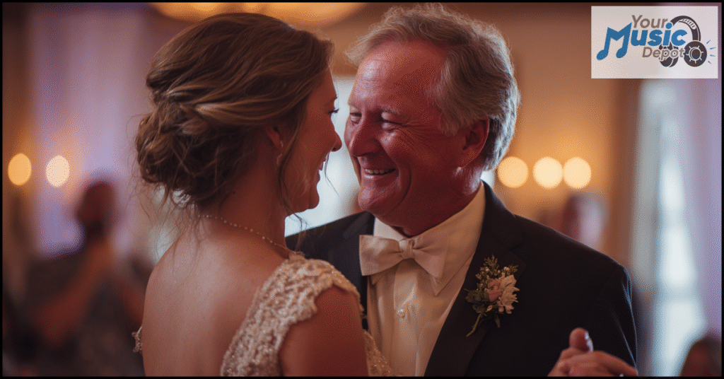 A bride and an older man, likely her father, smile at each other while dancing to one of the classic Father Daughter Dance Songs at a wedding reception. The logo "Your Music Depot" appears in the top right corner.