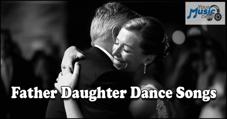 A bride and her father share a joyful embrace on the dance floor, celebrating to their favorite Father Daughter Dance Songs, with a "Your Music Depot" logo in the corner.