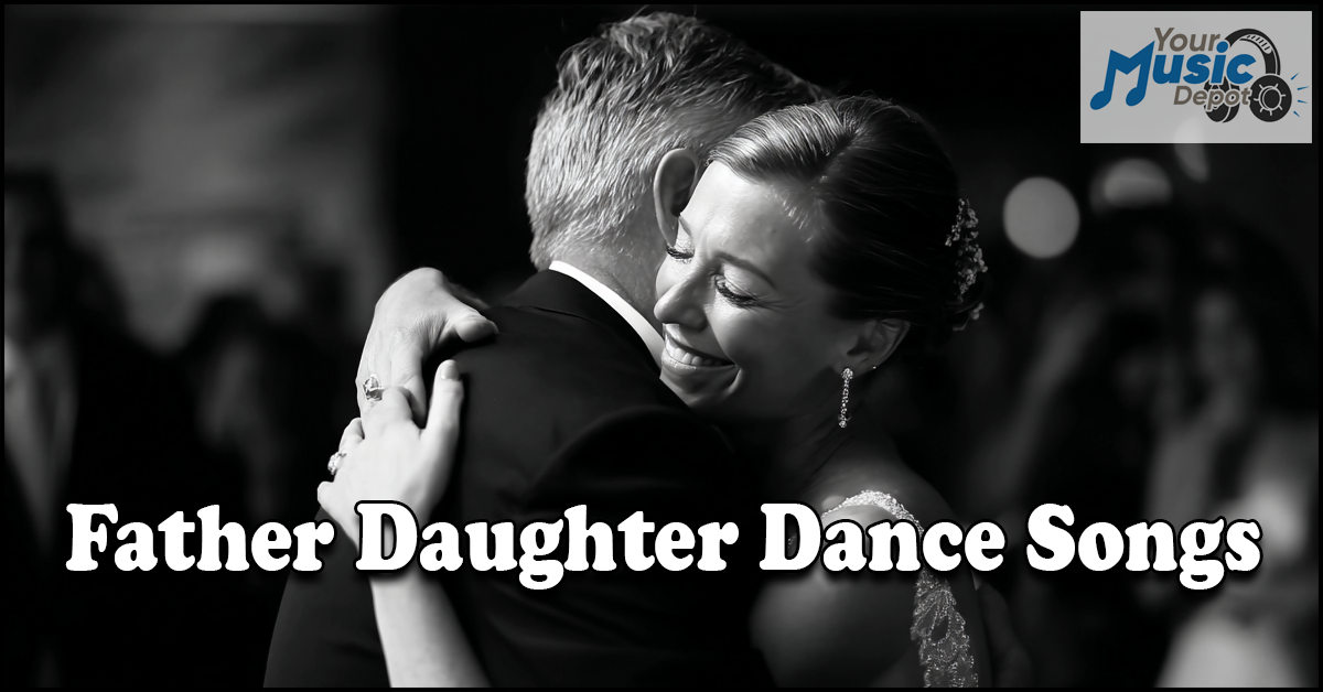 A bride and her father share a joyful embrace on the dance floor, celebrating to their favorite Father Daughter Dance Songs, with a "Your Music Depot" logo in the corner.