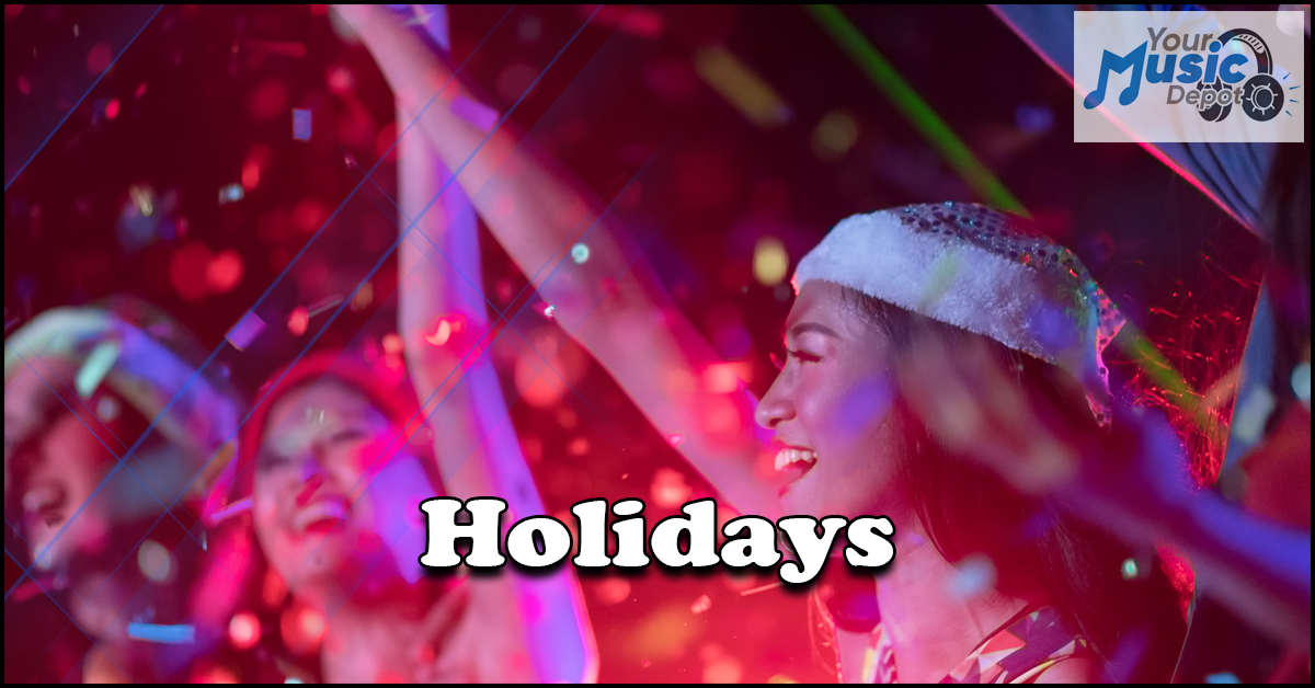 People celebrating a holiday party with confetti and festive lights, one person wearing a Santa hat. "Holidays" text is displayed on the image.