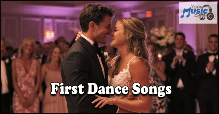 A bride and groom share their first dance to one of their favorite First Dance Songs at their wedding reception, surrounded by smiling guests, with the text "First Dance Songs" and a "Your Music Depot" logo.
