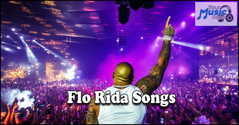 A person on stage raises their hand in front of a large, cheering crowd. Text reads "Flo Rida Songs" with a "Your Music Depot" logo, capturing the energy of hits like "Wild Ones.