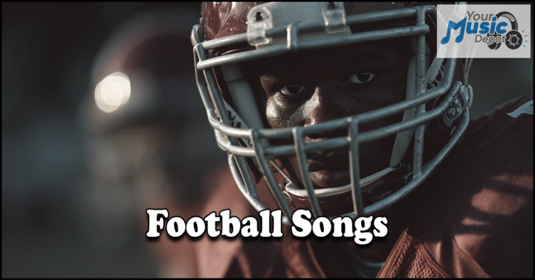 A football player in helmet and gear stares ahead; the bold "Football Songs" title is overlaid, capturing the game-day spirit, with a "Your Music Depot" logo in the top right corner.