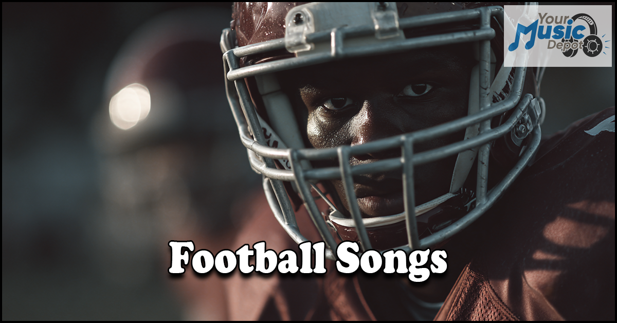 A football player in helmet and gear stares ahead; the bold "Football Songs" title is overlaid, capturing the game-day spirit, with a "Your Music Depot" logo in the top right corner.