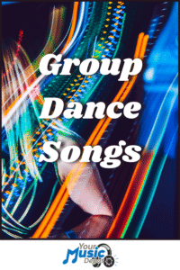 Colorful light trails and a person dancing with the text “Group Dance Songs” overlaid; "Your Music Depot" logo at the bottom, capturing the energy of top party songs.