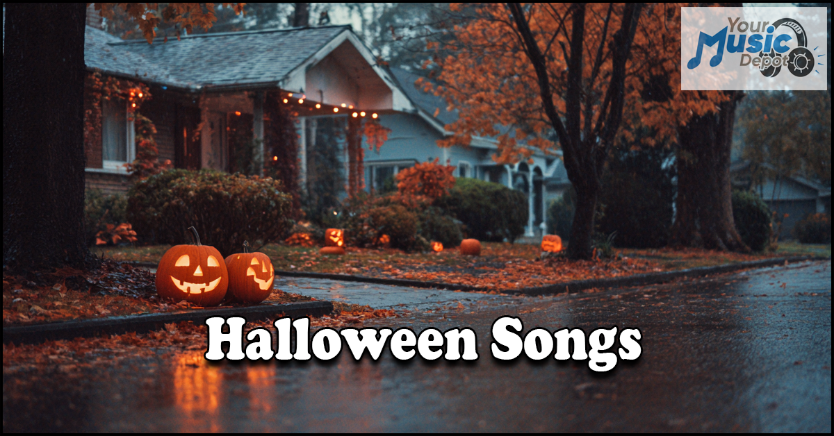 Jack-o’-lanterns and orange lights decorate a house at dusk with Halloween Songs text, Ghostly Tracks glowing in the night, and Your Music Depot logo in the corner.