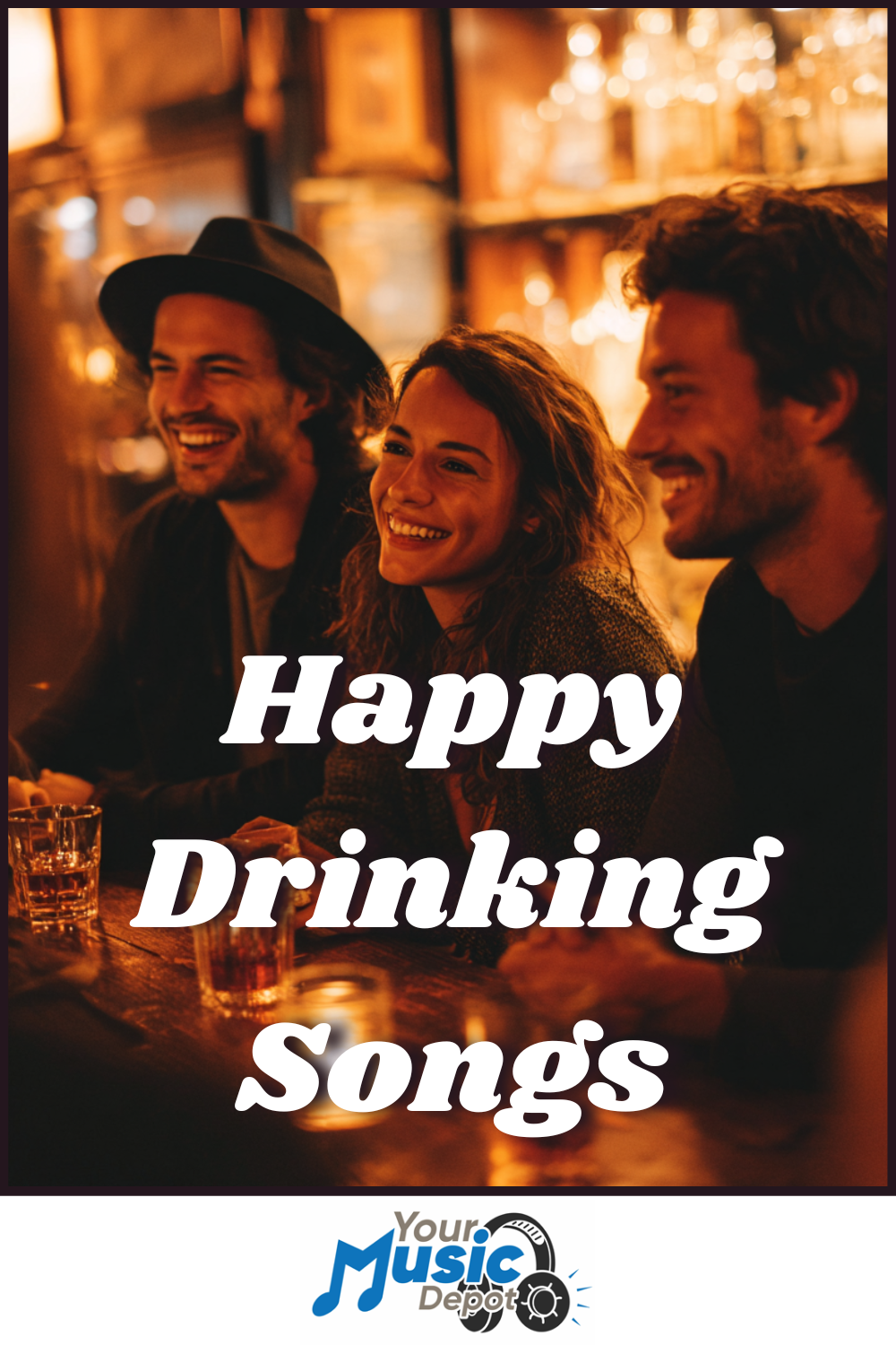 Three people smiling and drinking at a bar with the text "Happy Drinking Songs," bringing together the best Happy Songs, and the "Your Music Depot" logo at the bottom.